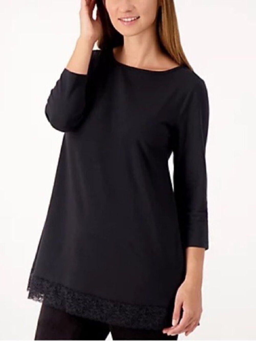 Denim & Co. Jersey Boatneck 3/4 Sleeve Lace Hem Tunic